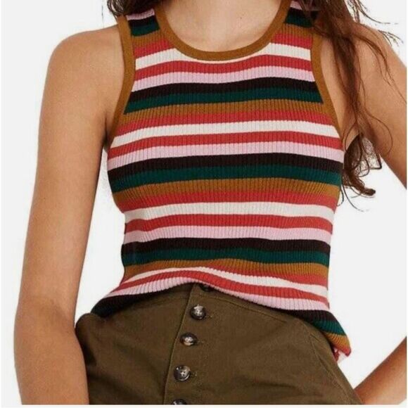 Madewell Women's Red Cognac Tan Stripe Bayford Sweater Tank Top Size M Med read - Picture 1 of 7